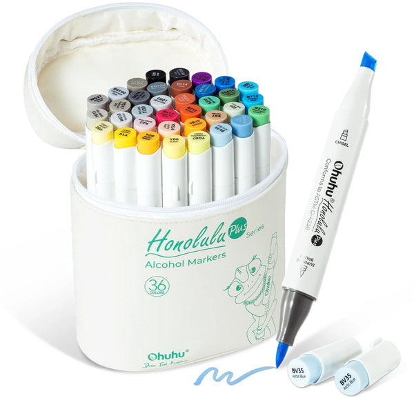 Ohuhu Honolulu Plus Alcohol Markers – 36 Colours + Blender | Supreme Brush & Chisel Tips