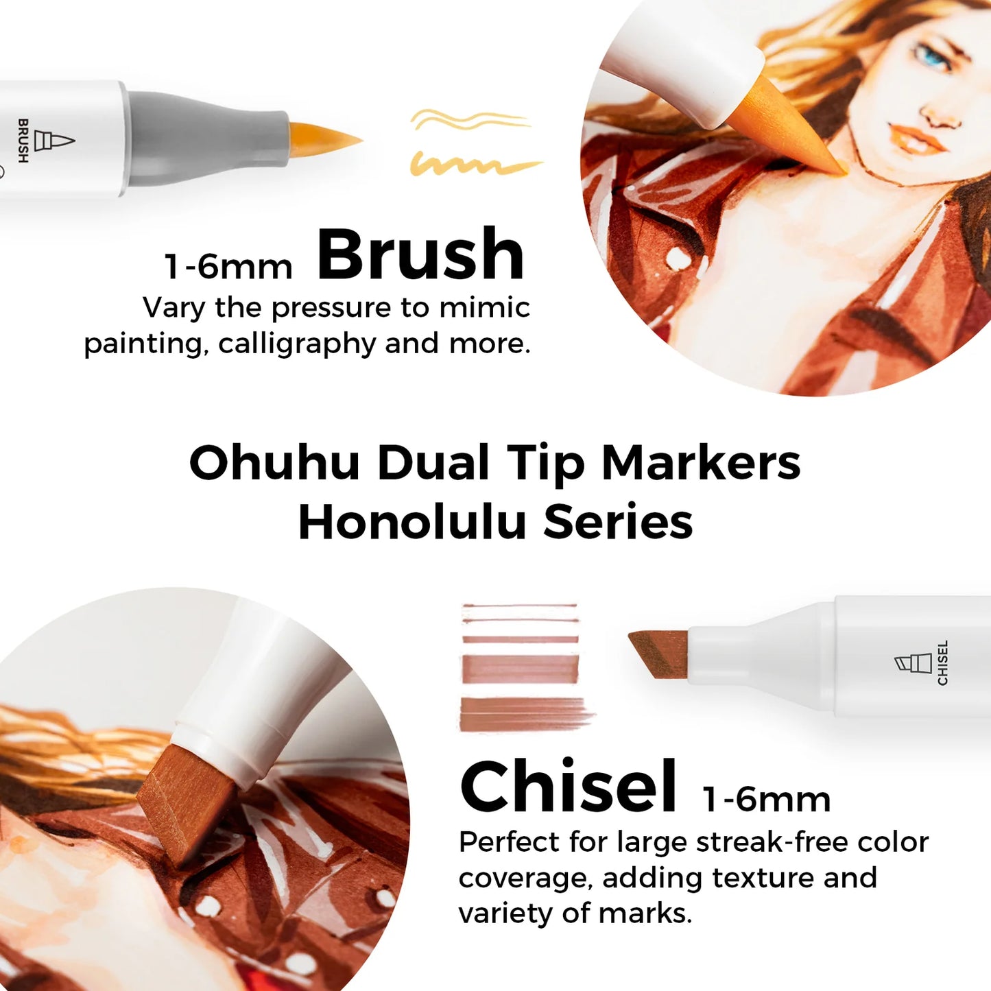 Ohuhu Honolulu 6 Skin Tone Alcohol Marker Set – Brush & Chisel Dual Tip