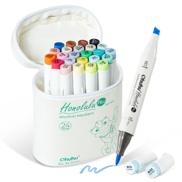 Ohuhu Honolulu Plus Alcohol Markers – 24 Colours + Blender | Supreme Brush & Chisel Tips