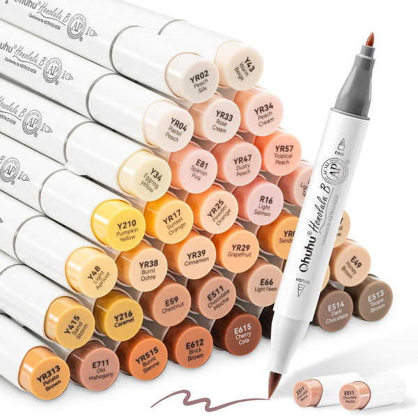 Ohuhu Honolulu B 36 Portrait Skin Tone Alcohol Marker Set – Brush & Fine Dual Tip