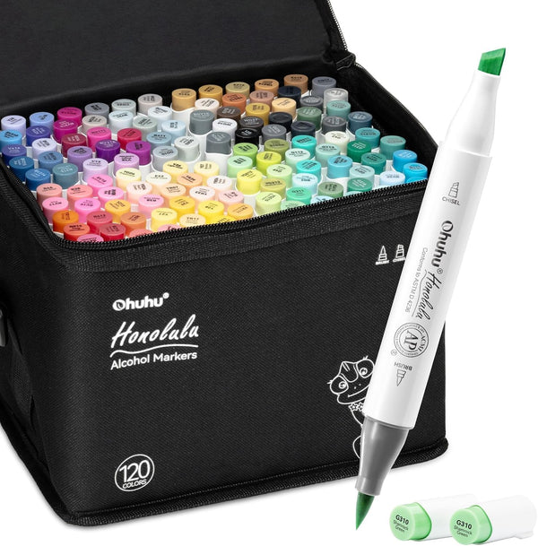 Ohuhu Honolulu 120 Colour Alcohol Marker Set – Brush & Chisel Dual Tip