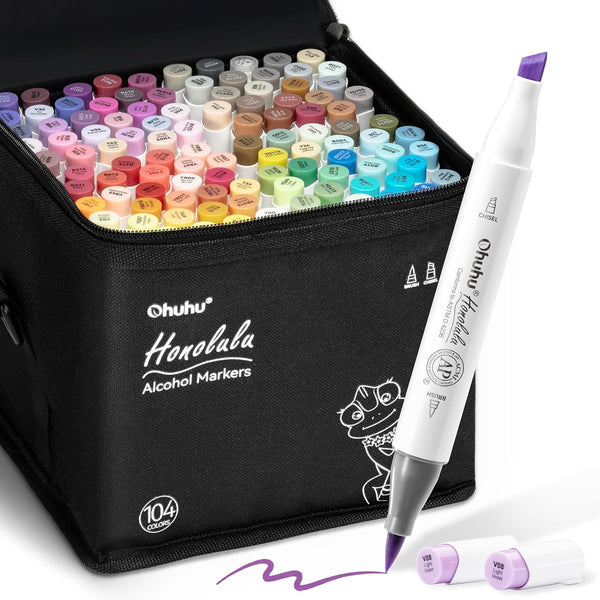 Ohuhu Honolulu 104 Colour Alcohol Marker Set – Brush & Chisel Dual Tip