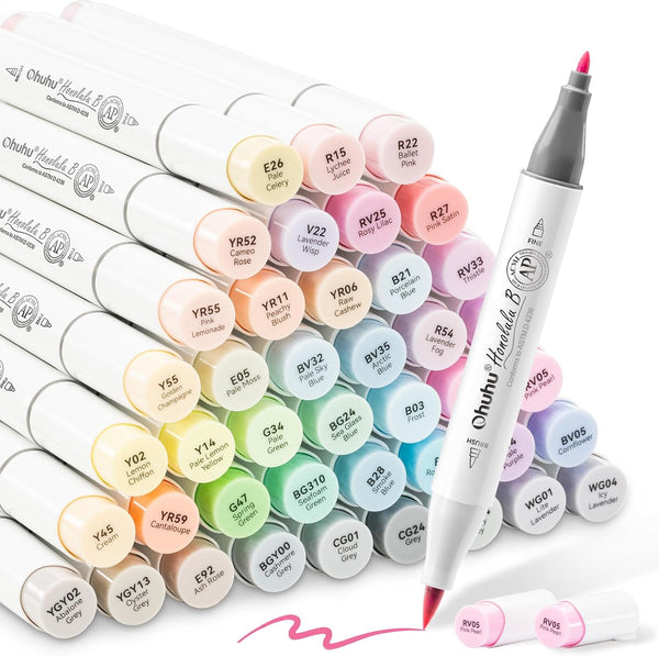Ohuhu Pastel Alcohol Marker Set – 48 Pastel Colours + Blender | Brush & Fine Dual Tip