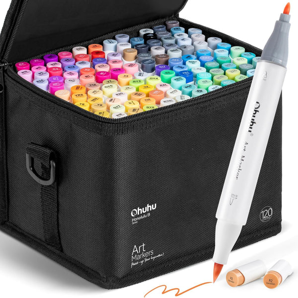 Ohuhu Honolulu B 120 Colour Alcohol Marker Set – Brush & Fine Dual Tip