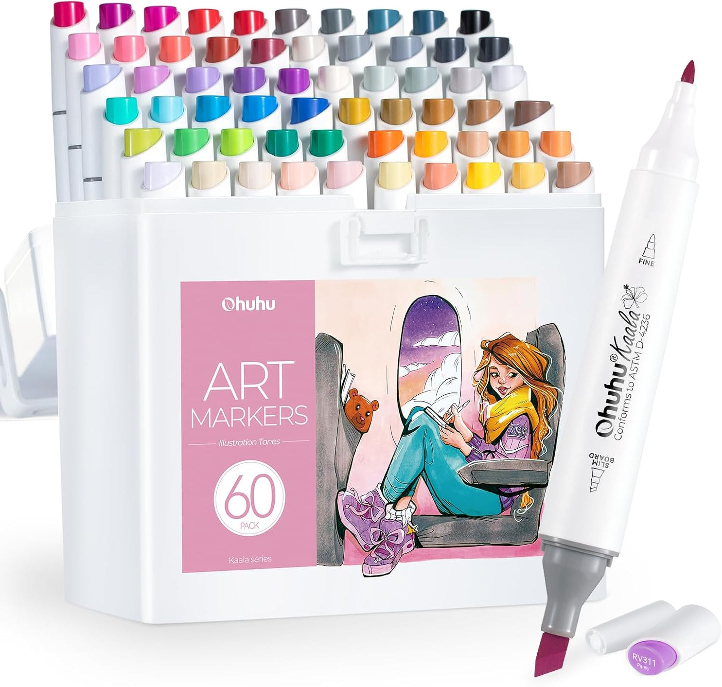 Ohuhu Kaala 60 Colour Alcohol Marker Set – Fine & Slim Broad Dual Tip