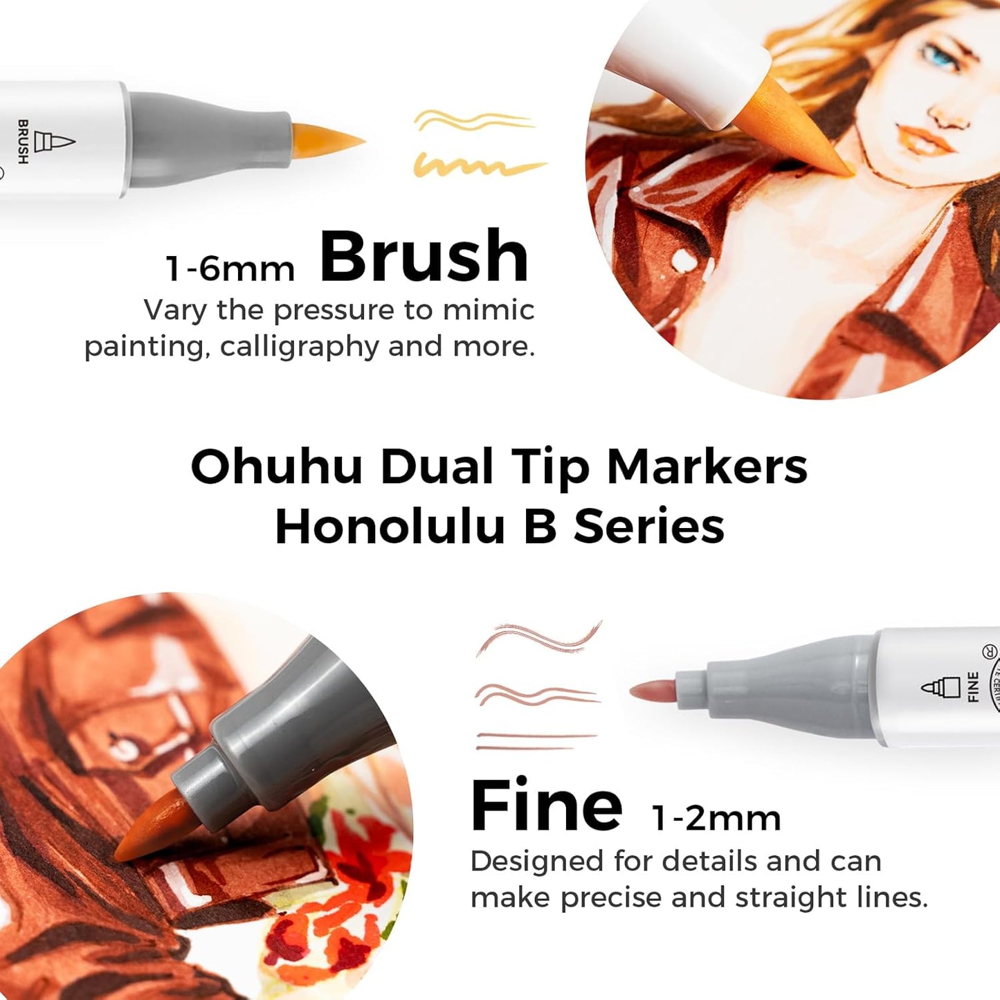 Ohuhu Honolulu B 36 Portrait Skin Tone Alcohol Marker Set – Brush & Fine Dual Tip