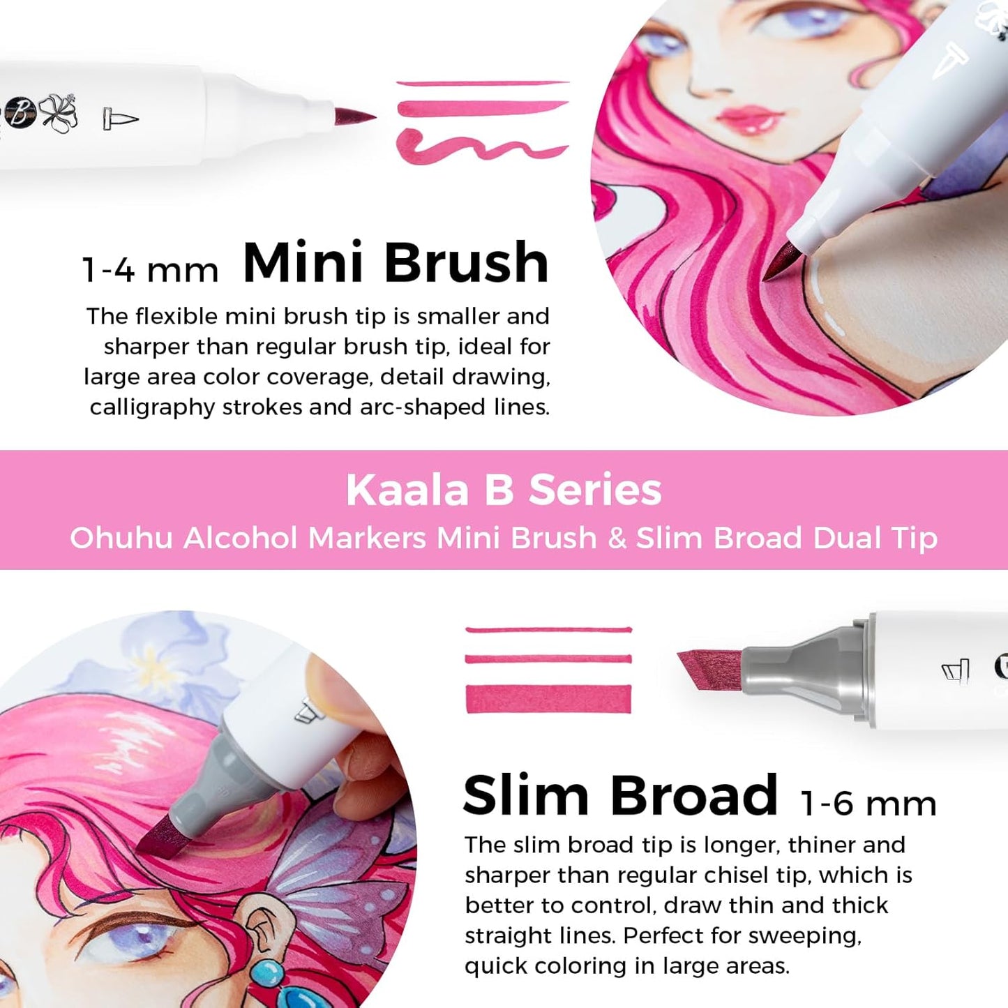 Ohuhu Kaala B Alcohol Marker Set – Mini Brush & Slim Broad Dual Tip