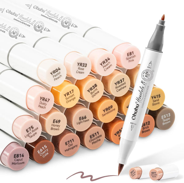 Ohuhu Honolulu B 24 Portrait Skin Tone Alcohol Marker Set – Brush & Fine Dual Tip