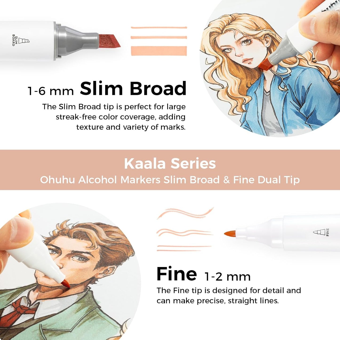 Ohuhu Kaala 24 Portrait Skin Tone Alcohol Markers – Slim Broad & Fine Dual Tip