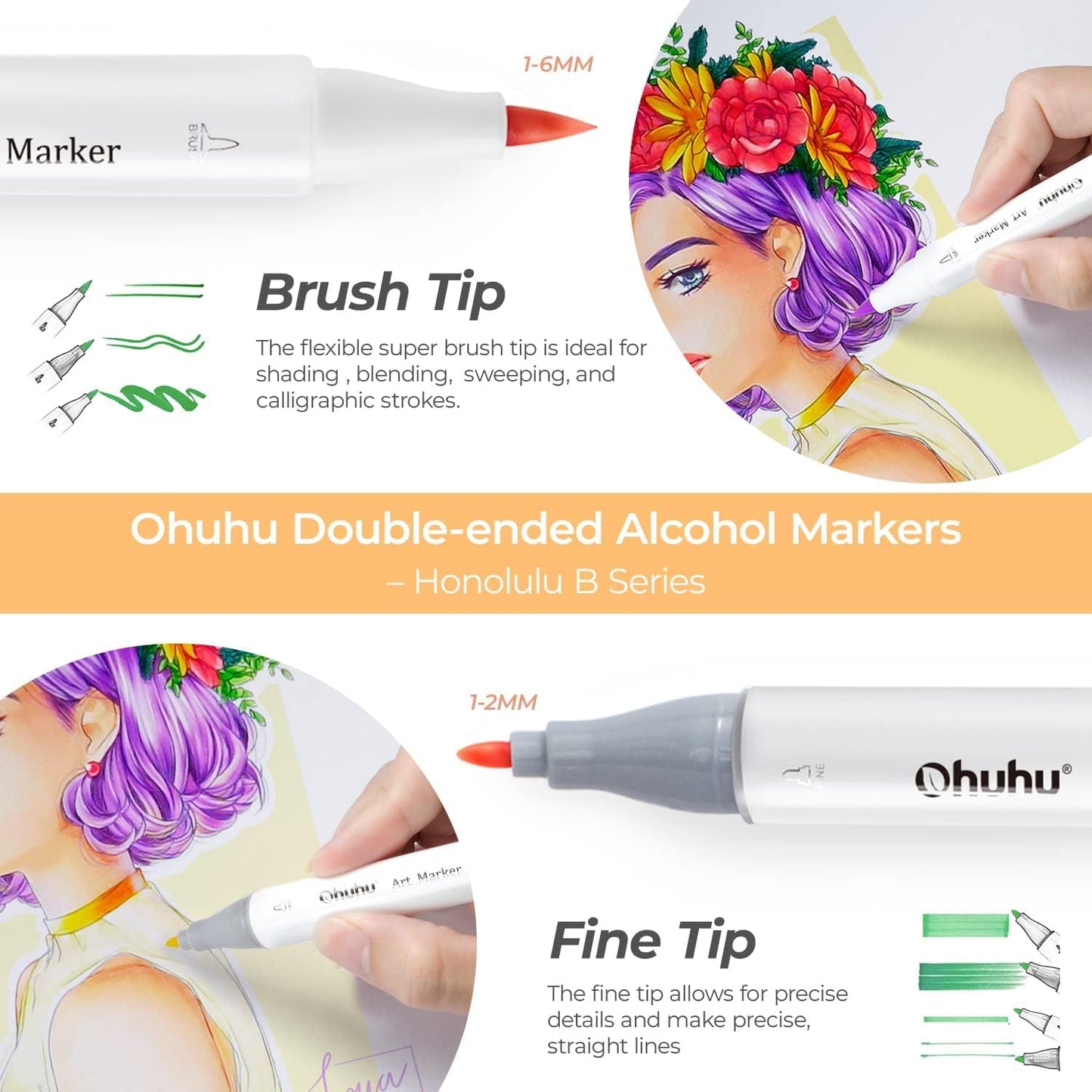 Ohuhu Honolulu B 120 Colour Alcohol Marker Set – Brush & Fine Dual Tip