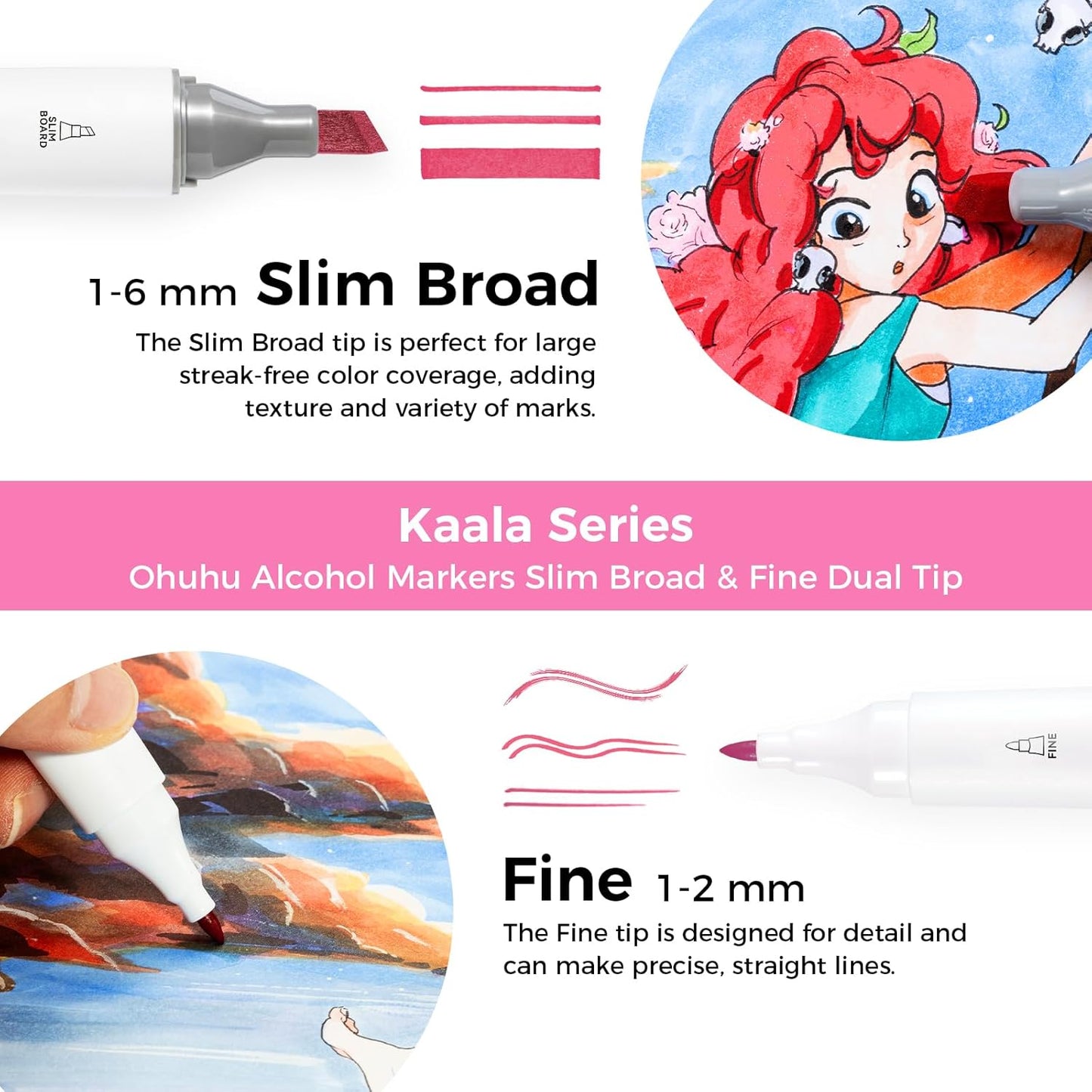 Ohuhu Kaala 60 Colour Alcohol Marker Set – Fine & Slim Broad Dual Tip