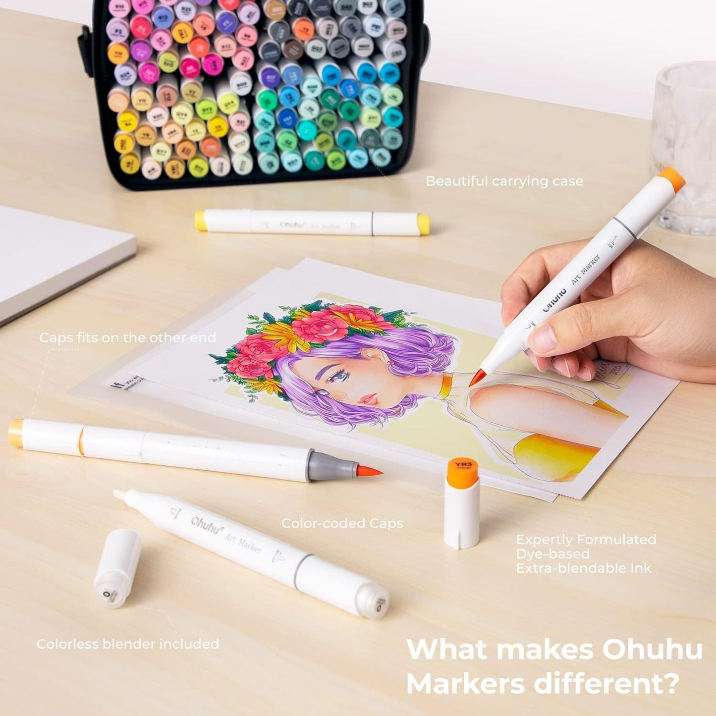 Ohuhu Honolulu B 120 Colour Alcohol Marker Set – Brush & Fine Dual Tip