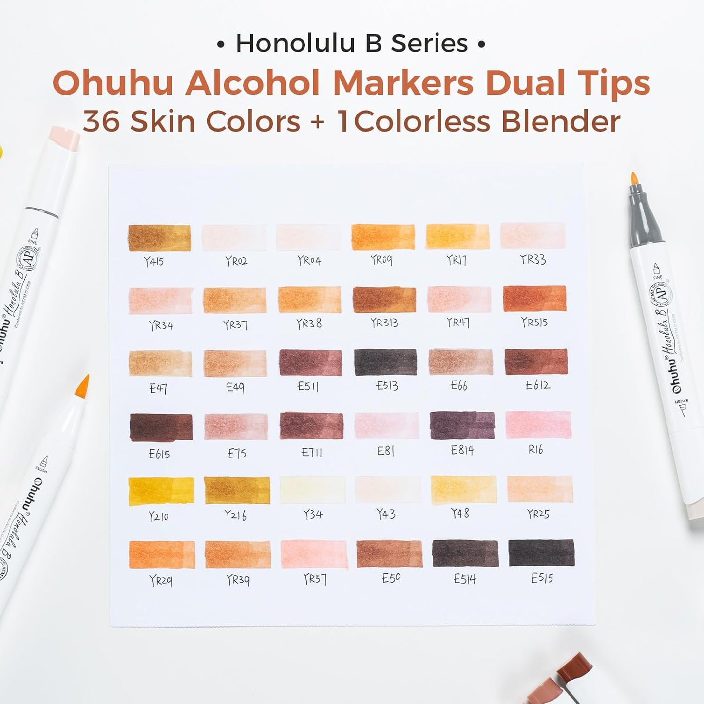Ohuhu Honolulu B 36 Portrait Skin Tone Alcohol Marker Set – Brush & Fine Dual Tip