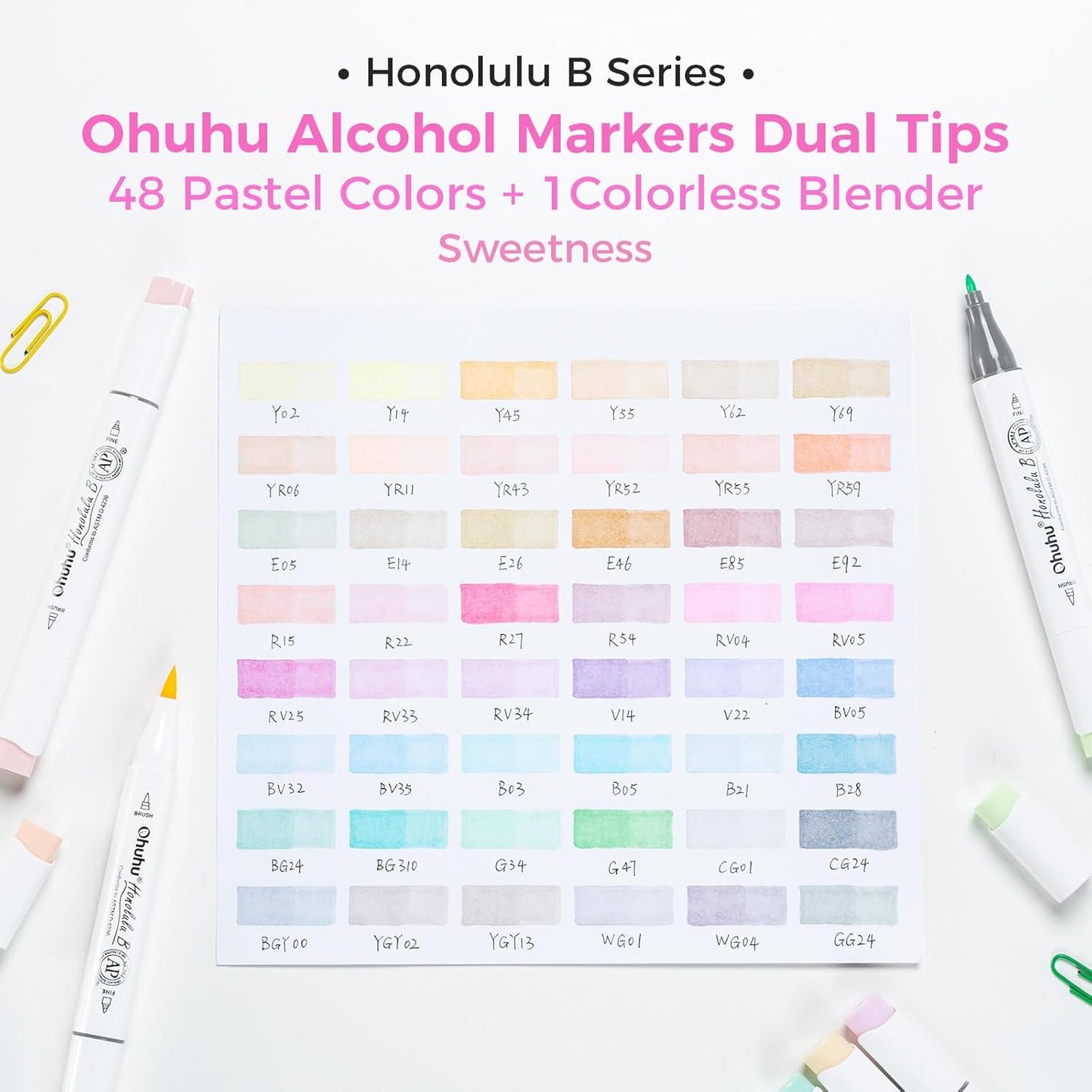 Ohuhu Pastel Alcohol Marker Set – 48 Pastel Colours + Blender | Brush & Fine Dual Tip