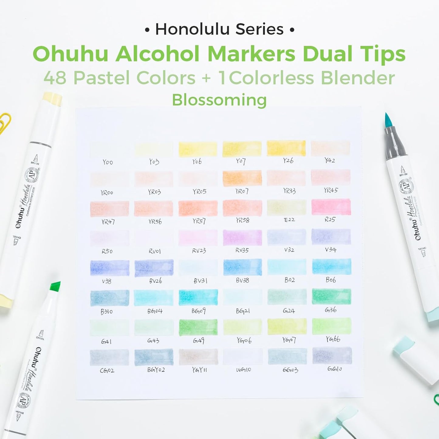 Ohuhu Honolulu Blossoming Pastel Alcohol Marker Set – 48 Colours + Blender | Brush & Chisel Dual Tip