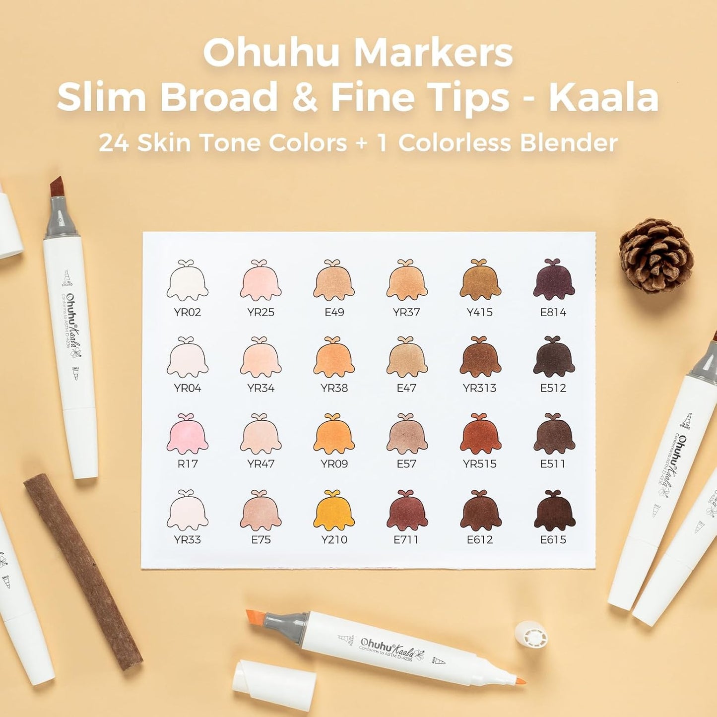Ohuhu Kaala 24 Portrait Skin Tone Alcohol Markers – Slim Broad & Fine Dual Tip