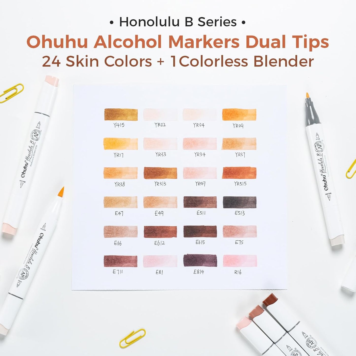 Ohuhu Honolulu B 24 Portrait Skin Tone Alcohol Marker Set – Brush & Fine Dual Tip