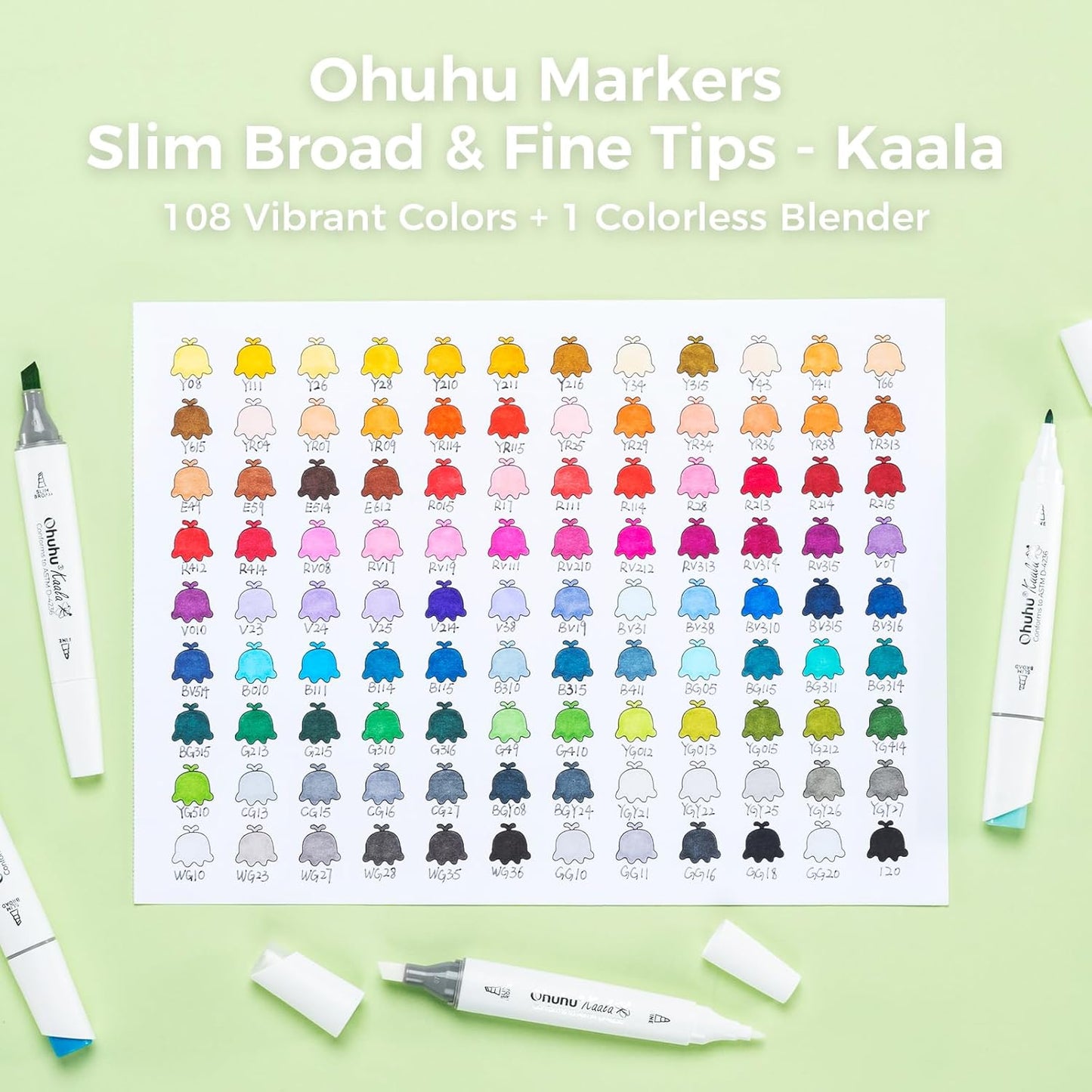Ohuhu Kaala 108 Colour Alcohol Marker Set – Fine & Slim Broad Dual Tip