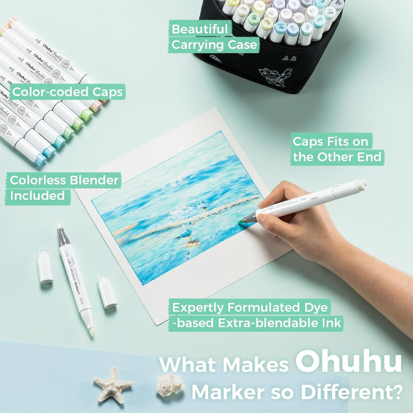 Ohuhu Honolulu Blossoming Pastel Alcohol Marker Set – 48 Colours + Blender | Brush & Chisel Dual Tip