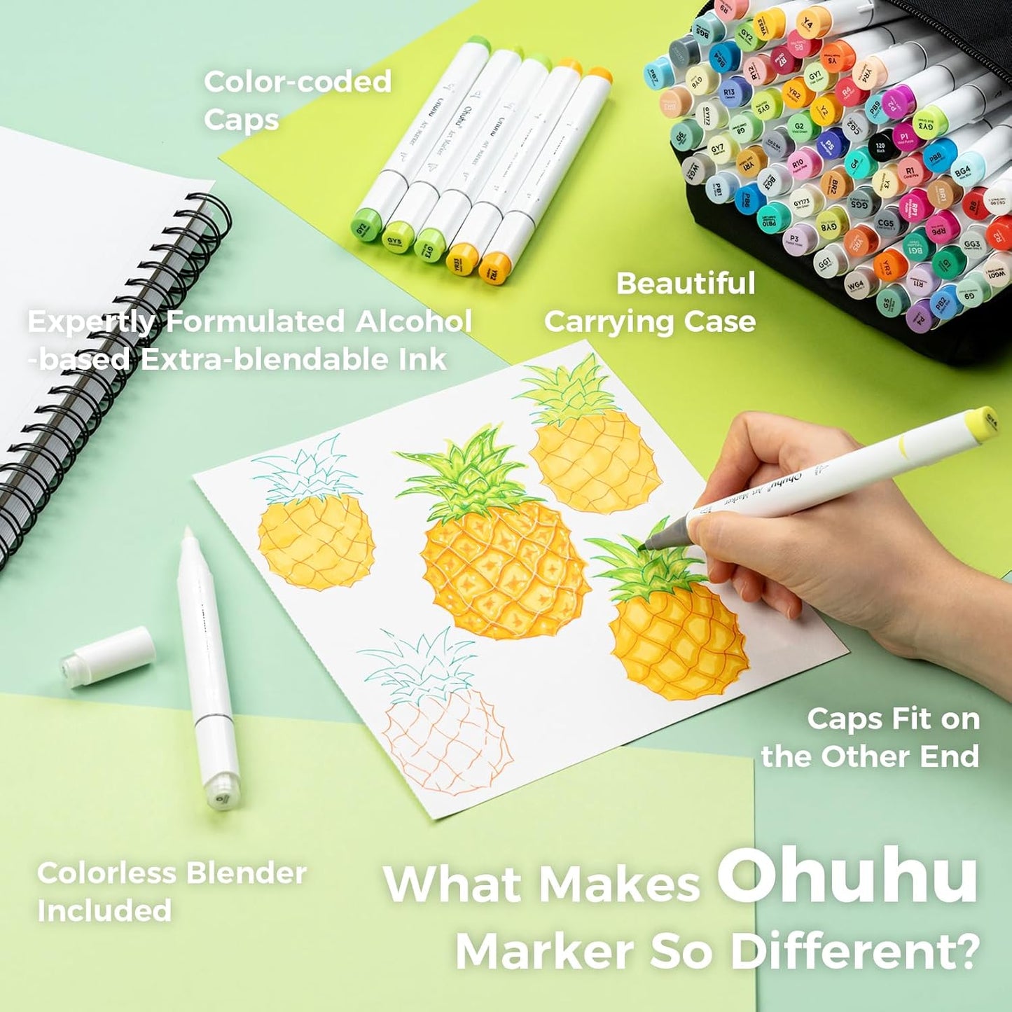 Ohuhu Honolulu B 72 Colour Alcohol Marker Set – Brush & Fine Dual Tip